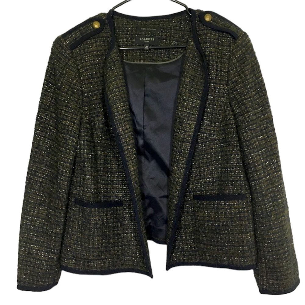 TALBOTS LUXE FABRIC KNIT IN ITALY WOOL/ALPACA TWEED OPEN BLAZER NAUTICAL 16P